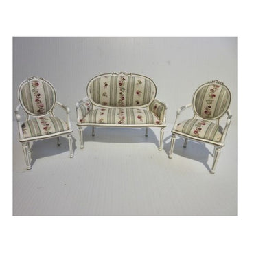 Sofa + 2 stole med armlæn elfenbensf. + guld, stof m/roser