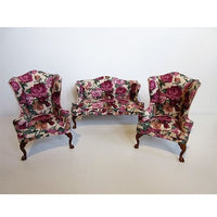 Sofa + 2 lænestole, blomstret/valnød, sæt