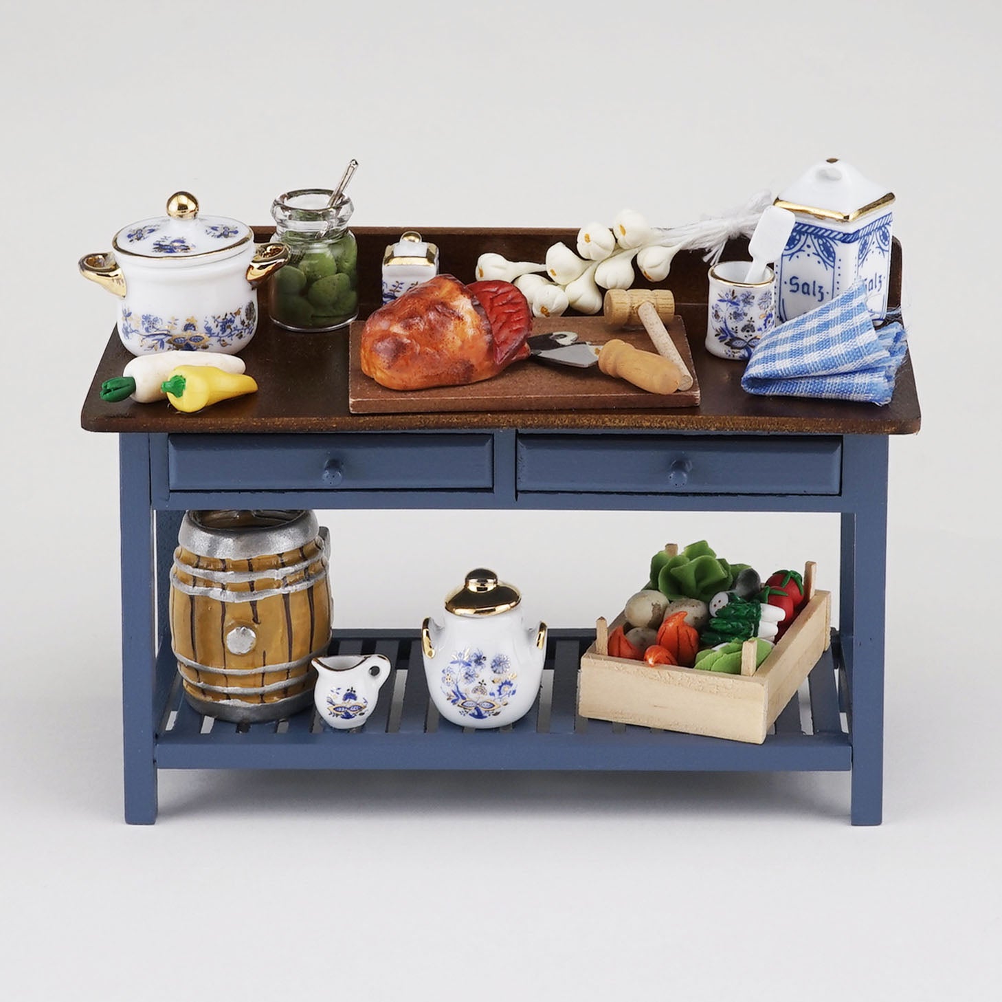 Blå Stort Arbejdsbord med Design "Blue onion med skinke, grøntsager og tønde