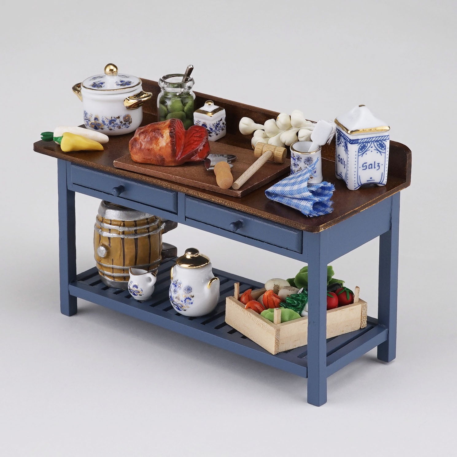 Blå Stort Arbejdsbord med Design "Blue onion med skinke, grøntsager og tønde