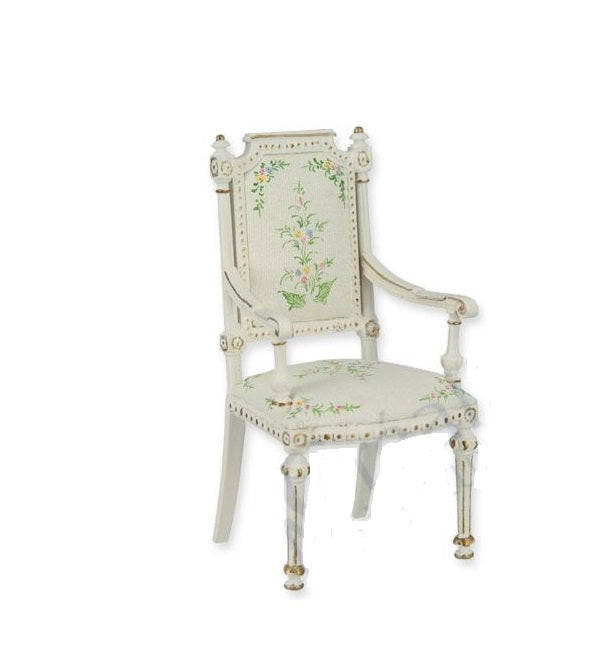 Stol, Louis XVI,  elfenbensfarvet-håndmalet blomster m/armlæn