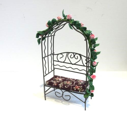 Bænk, metal ,,rosenbogen" med hynde og blomsterranke