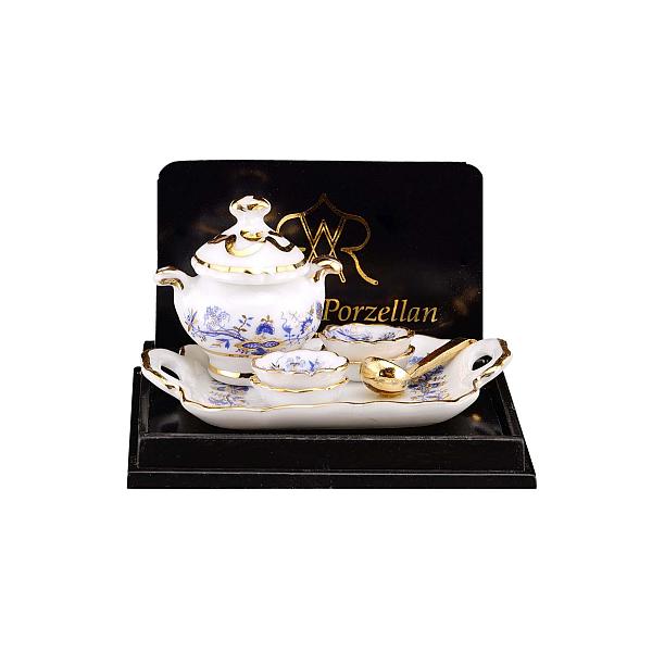 Porcelæns-bakke m/ suppeterrin og skåle, Blue onion/guld