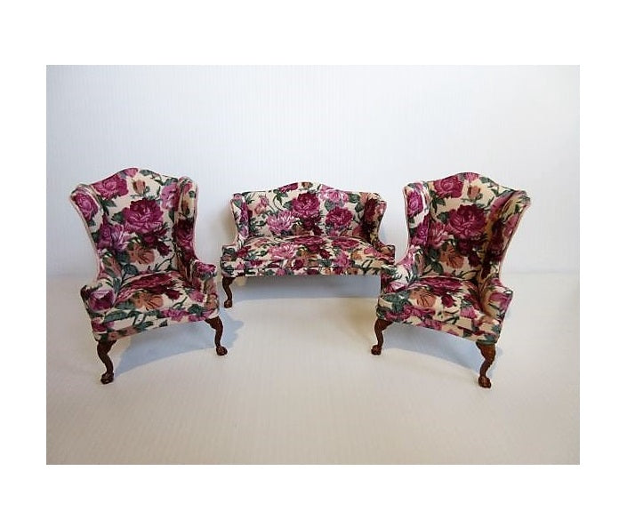 Sofa + 2 lænestole, blomstret/valnød, sæt